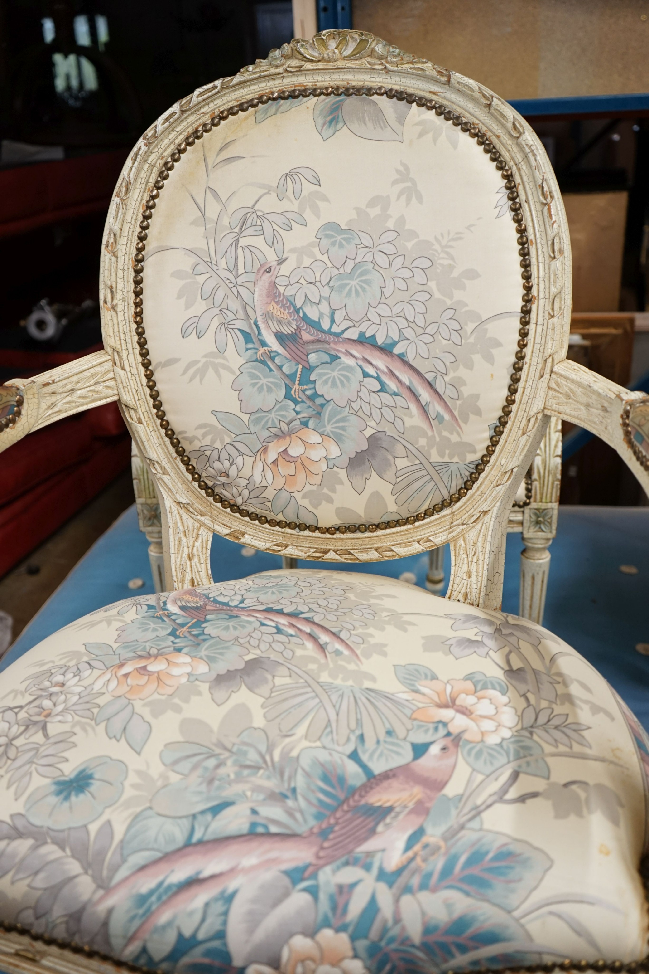 A set of four painted open armchairs, width 59cm, depth 50cm, height 95cm